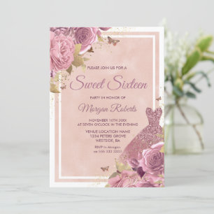 Invitación Vestido mágico Rubor rosa y flores dulce 16