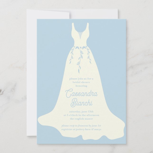Invitación Vestido marfileño Boda azul ducha de novia (Anverso)