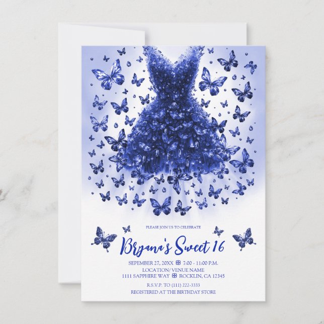 Invitación Vestido mariposa de Sapphire Septiembre Birthstone (Anverso)