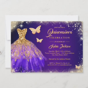 Invitación Vestido Mariposa Quinceañera Purpura Dorado Brilla