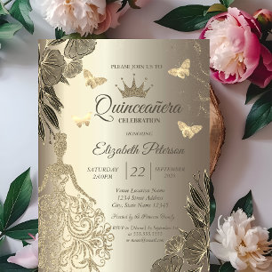 Invitación Vestido, Mariposas Doradas Flores Quinceañera Dora