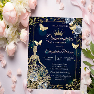 Invitación Vestido, Mariposas Flores Azul Marino Quinceañera