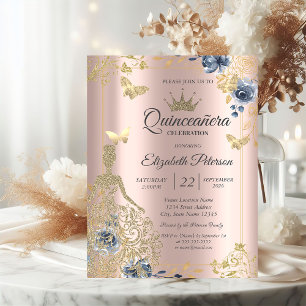 Invitación Vestido, Mariposas Flores Rosa Dorado Quinceañera