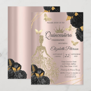 Invitación Vestido, Mariposas Rosas Negras Rosa Dorada Quince