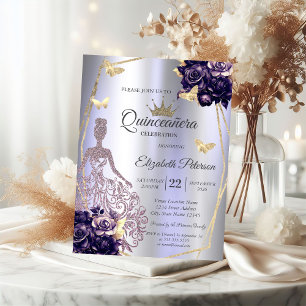 Invitación Vestido, Mariposas Rosas Violetas Quinceañera Lava