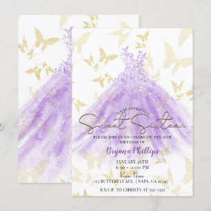 Invitación Vestido Morado Baile de Mariposa Dulces 16 Fiesta