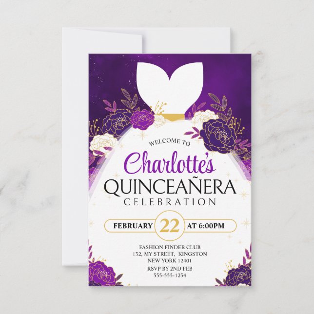 Invitación Vestido morado de princesa blanca floral Quinceañe (Anverso)