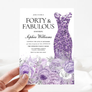 Invitación Vestido morado Floral 40 y fabuloso 40 cumpleaños