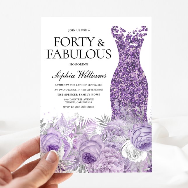 Invitación Vestido morado Floral 40 y fabuloso 40 cumpleaños (Subido por el creador)