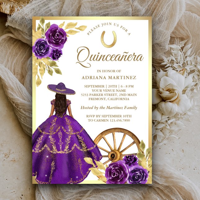 Invitación Vestido morado floral Charro Gold Quinceanera (Subido por el creador)