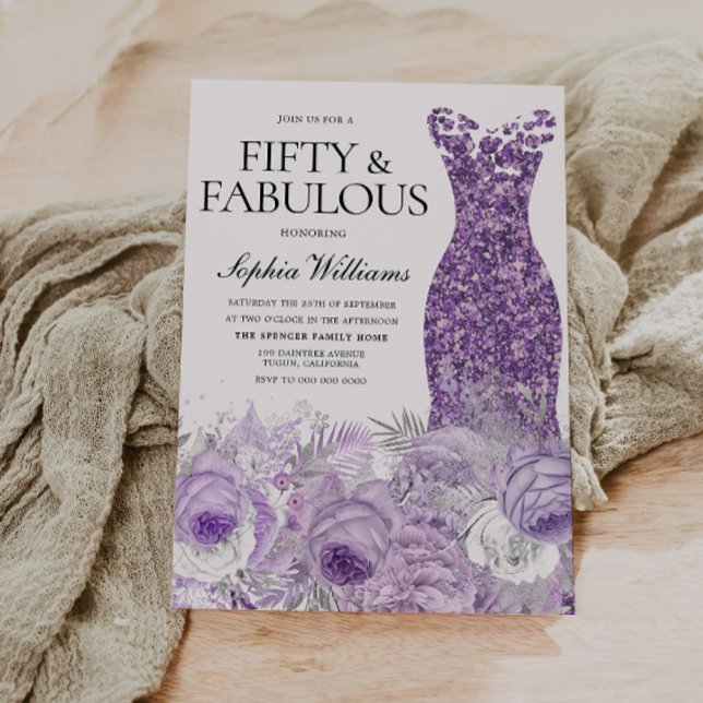Invitación Vestido morado Floral Cincuenta y fabuloso cumplea (Subido por el creador)