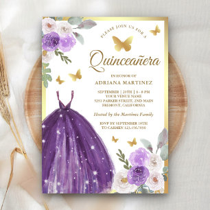 Invitación Vestido Morado Floral Mariposa Dorada Quinceanera