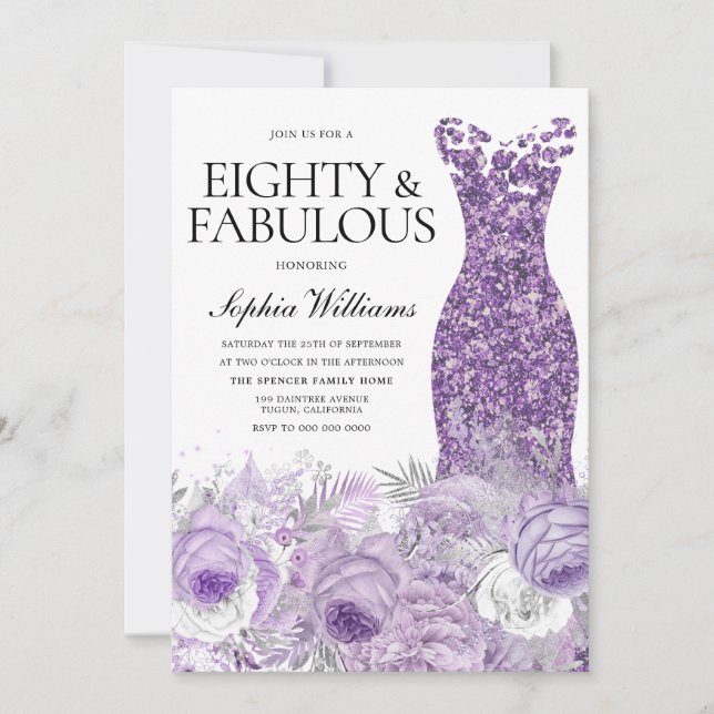 Invitación Vestido Morado Floral Ochenta Fabuoso Cumpleaños 8 (Anverso)