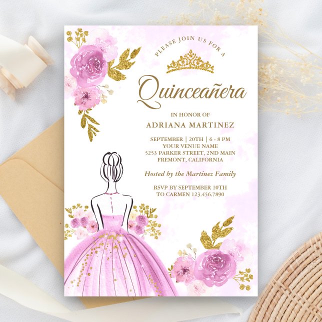 Invitación Vestido morado floral Princesa Oro Quinceanera (Subido por el creador)