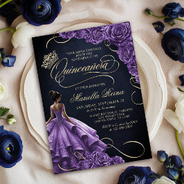 Invitación Vestido morado floral Quinceañera