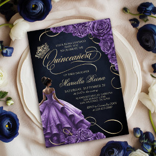 Invitación Vestido morado floral Quinceañera