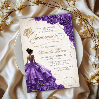 Invitación Vestido morado floral Quinceañera