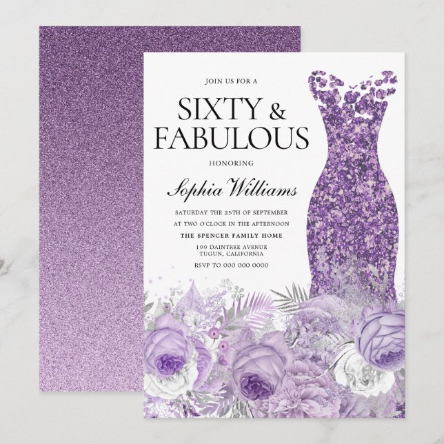 Invitación Vestido morado Floral Sesenta y fabuloso cumpleaño (Anverso / Reverso)