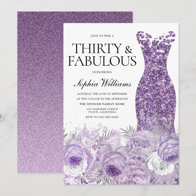 Invitación Vestido morado Floral Treinta Fabuloso cumpleaños  (Anverso / Reverso)