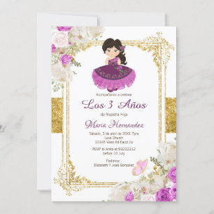 Invitación Vestido morado mexicano Tercer cumpleaños 1 invita