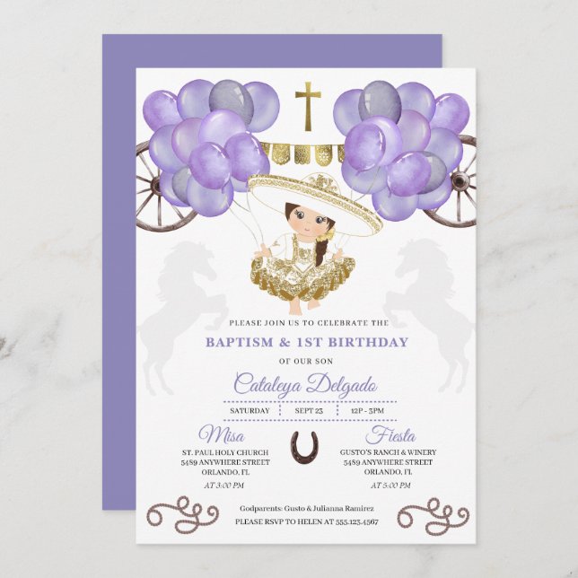 Invitación Vestido morado oro bebé Charra Globos Bautismo (Anverso / Reverso)