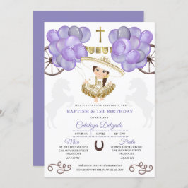 Invitación Vestido morado oro bebé Charra Globos Bautismo