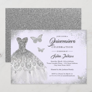 Invitación Vestido Morado Plata Brillante Mariposa Quinceañer