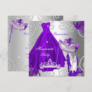 Invitación Vestido Morado Plateado para Fiesta de Quinceañera