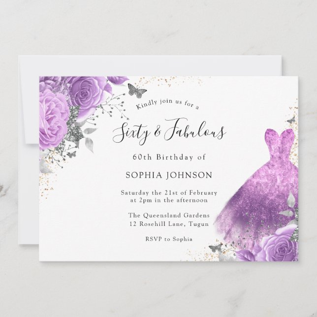 Invitación Vestido morado plateado y mariposa Rosa 60 cumplea (Anverso)