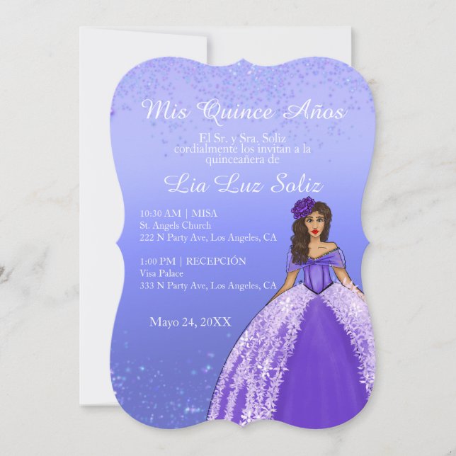 Invitación Vestido Morado Quinceañera Vintage (Anverso)