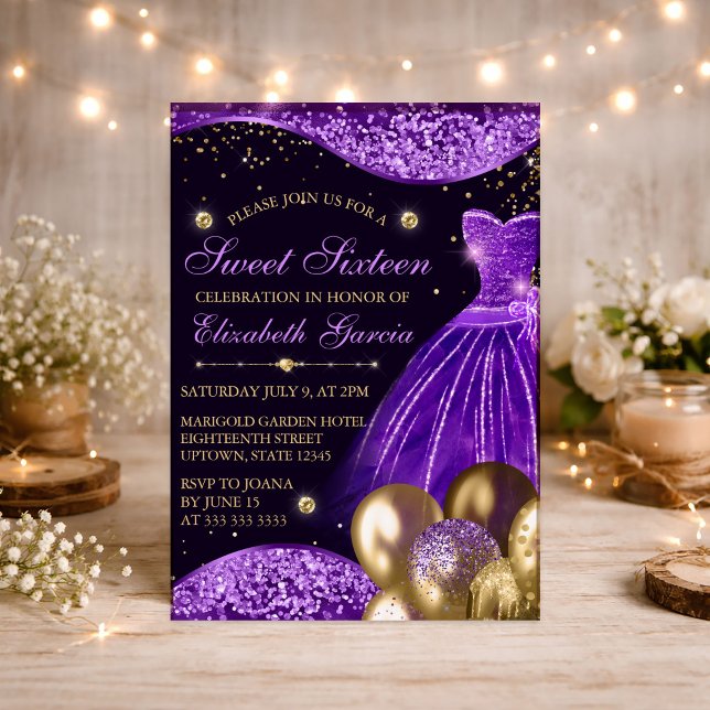 Invitación Vestido morado y globos Purpurina dorado dulce 16 (Subido por el creador)