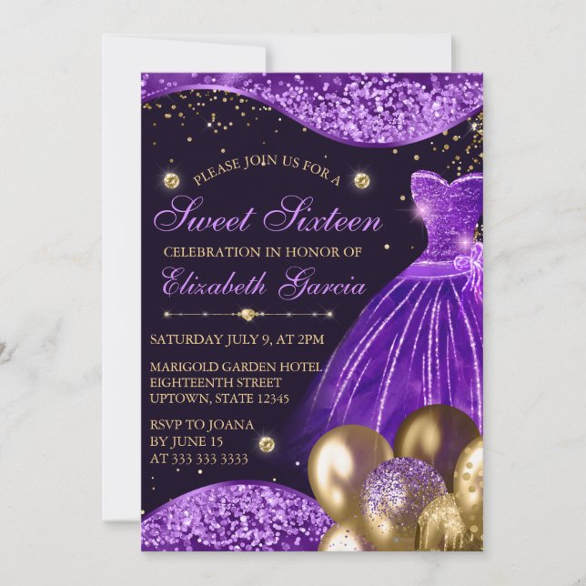 Invitación Vestido morado y globos Purpurina dorado dulce 16 (Anverso)