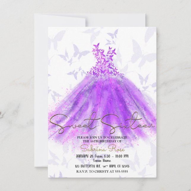 Invitación Vestido morado y mariposa rosa vestido dulce 16 Fi (Anverso)