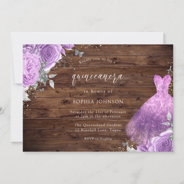 Invitación Vestido morado y plateado Rosa Madera Rústica Quin (Anverso)