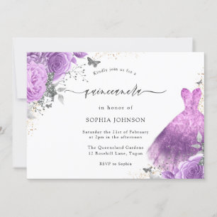 Invitación Vestido morado y plateado y mariposa Rosa Quincean