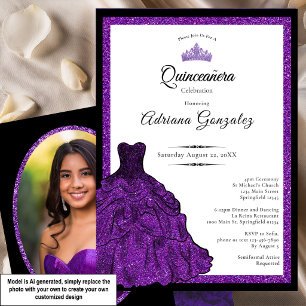 Invitación Vestido Morado y Tiara Foto Personalizada Quinceañ