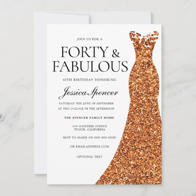 Invitación Vestido naranja Cuarenta y fabuloso Fiesta de cump (Anverso)