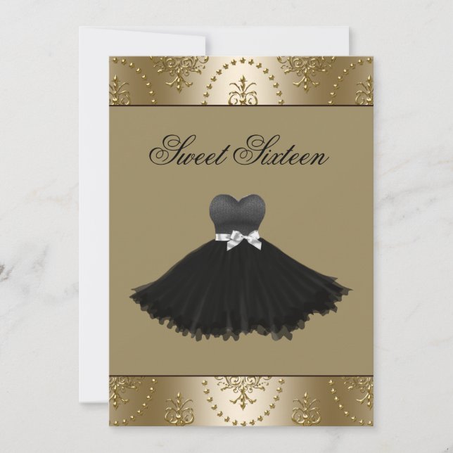 Invitación Vestido Negro Candil de Oro Cumpleaños Dulces Diec (Anverso)