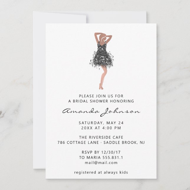 Invitación Vestido negro con brillo para fiesta de cumpleaños (Anverso)