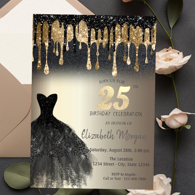Invitación Vestido Negro con Brillo y Gotear Cumpleaños 25 Do (Subido por el creador)