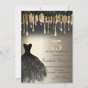 Invitación Vestido Negro con Brillo y Goteo Dorado 75th