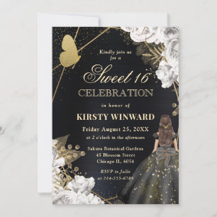 Invitación Vestido negro elegante mujer morena floral Sweet 1