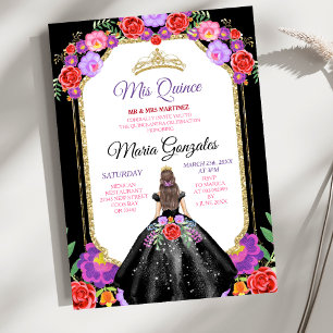 Invitación Vestido Negro Mis Quince 15 Años Mexicano Floral O