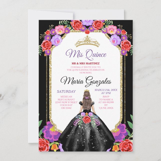 Invitación Vestido negro Mis Quince Oro Floral Mexicano 15 An (Anverso)
