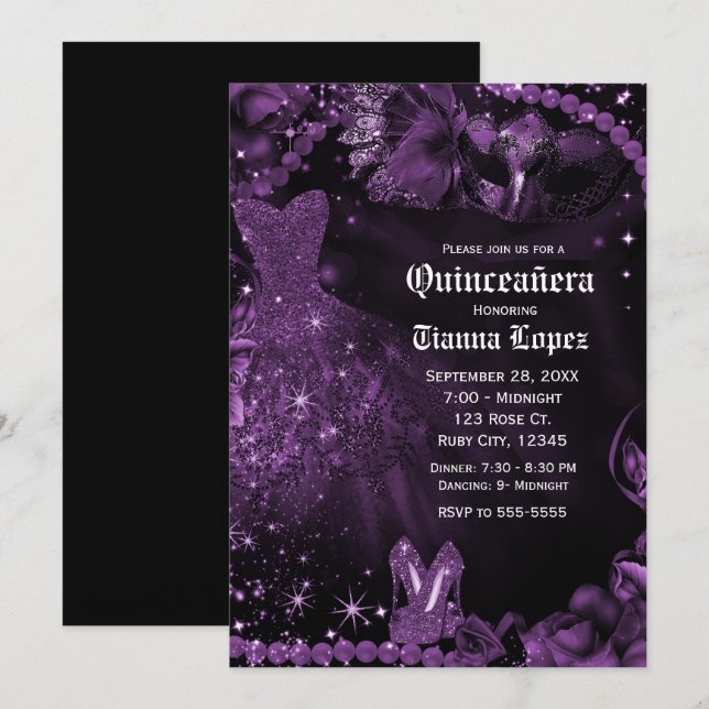 Invitación Vestido Negro Morado Masquerade Quinceañera 15 Fie (Anverso / Reverso)