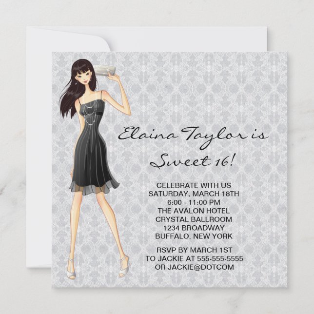 Invitación Vestido Negro Pequeño Fiesta Dulces 16 (Anverso)