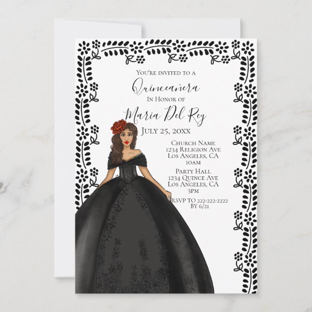 Invitación Vestido negro quinceanera (Anverso)