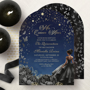 Invitación Vestido Negro Quinceañera Estrellas Celestiales
