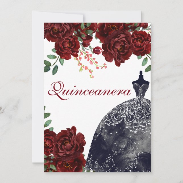 Invitación Vestido negro rojo borgoña Roses quinceanera Fiest (Anverso)