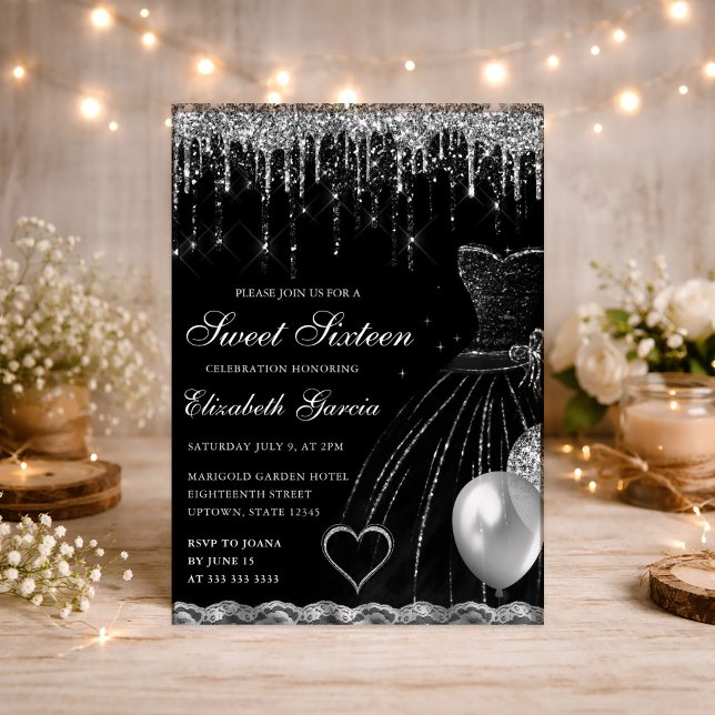 Invitación Vestido Negro y Brillo Plateado que Cae Dulces 16 (Subido por el creador)